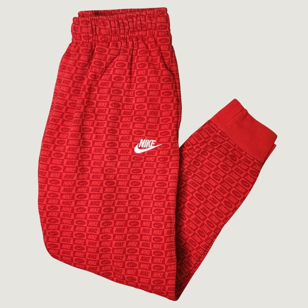 Nike Joggers Mens Small Red All Over Logo Print Fleece Sweatpants Tapered Sporty